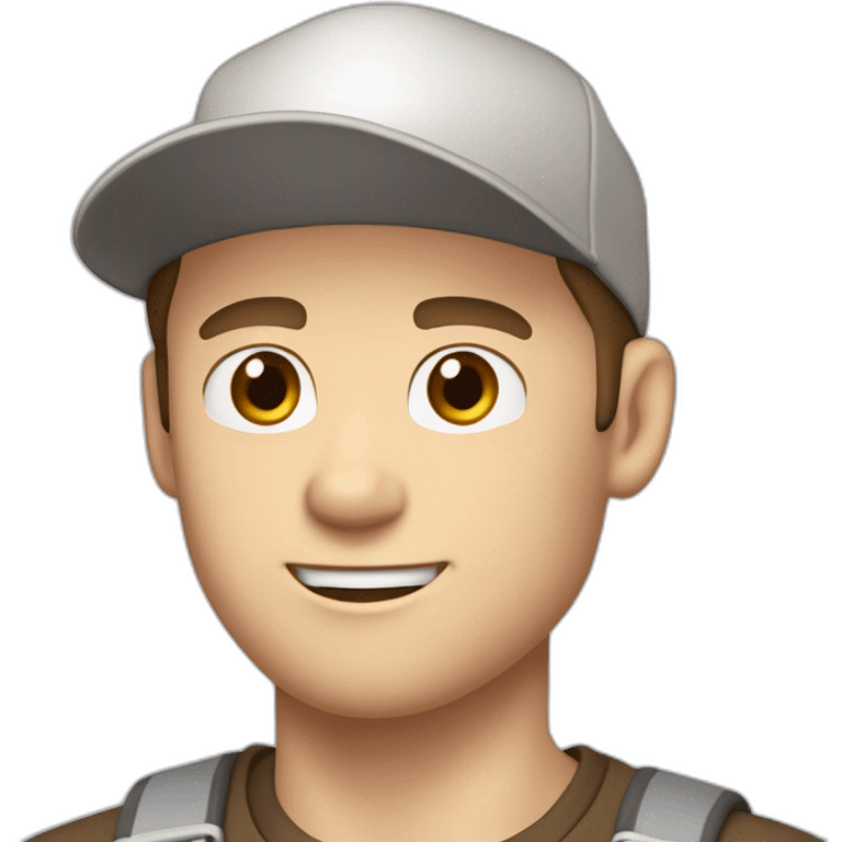 Pale skinned fit Man with dark brown hair in a light gray cap, dark brown jeans, brown polo and white T-shirt keeping a pasted with tape white box into his hands emoji