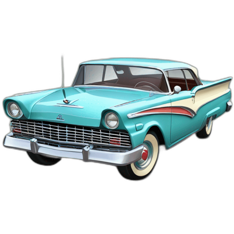 cartoonish drawing of 1957 Ford Fairlane; isometric view; atari gameplay; screen emoji