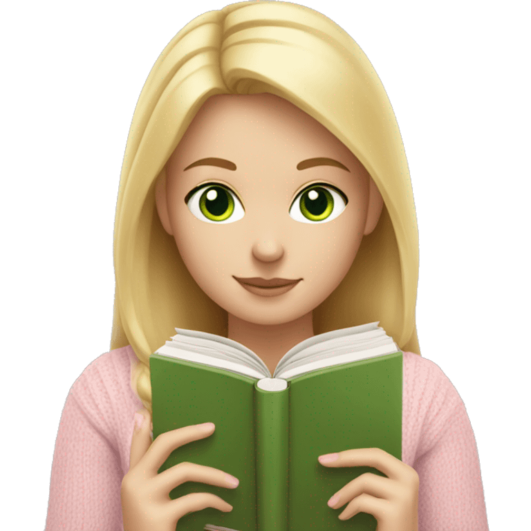 Blonde girl with green eyes reading a book in a light pink sweater  emoji