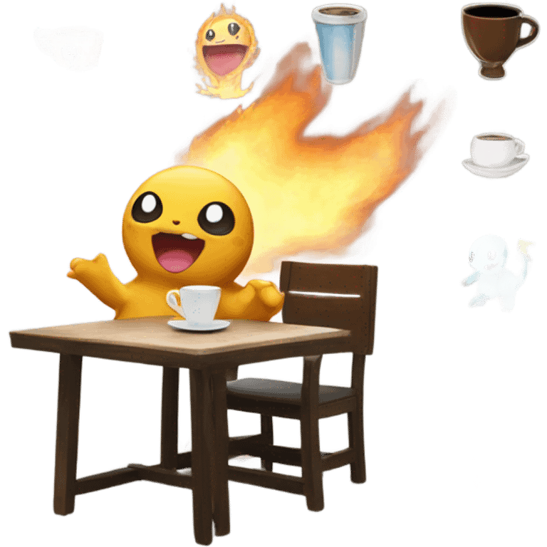 Pokémon chillin at a table drinking coffee and everything around them is on fire and the Pokémon says I’m fine emoji