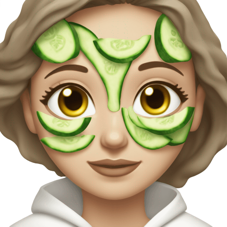 White girl with Brown hair and blue eyes wears a Green colored skincare clay textured mask and puts on cucumbers around her eyes while She relaxes in her white Robe emoji