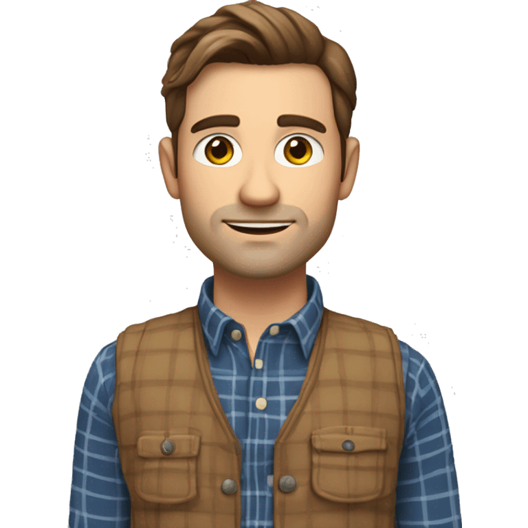 a white 30 year old man with brown hair and stubble in a plaid shirt and gilet  emoji