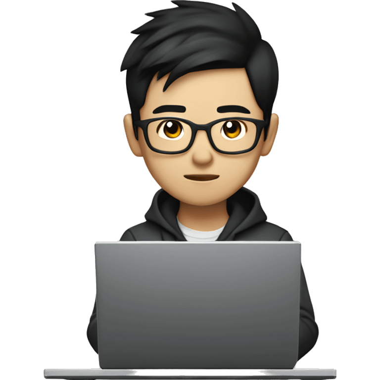 Cool asian boy, wearing glasses, with sharp features, focused expression. Short black hair, stylish casual clothes. Sitting at a computer, coding on the screen. High-tech environment, soft lighting, modern and sleek.  emoji