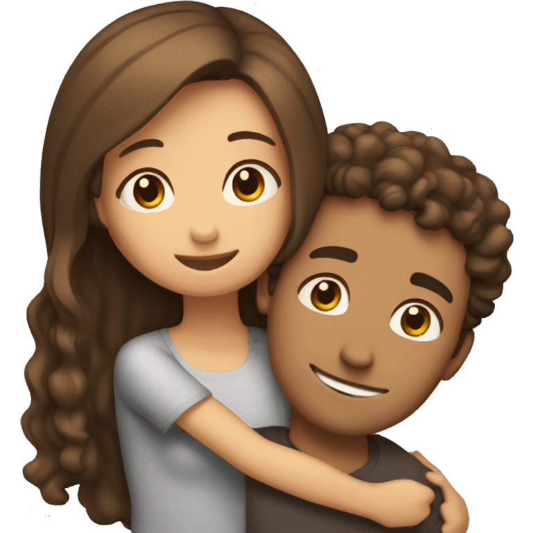 Girl with long straight brown hair hugging a guy with short curly brown hair emoji