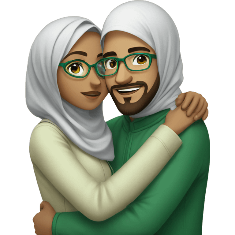 A young Muslim woman with green glasses and her young Muslim husband with glasses and a beard hug emoji