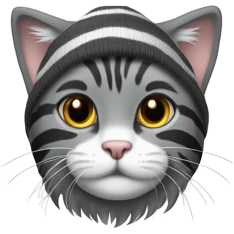 Gray and Black long hair stripe Cat wearing beanie emoji