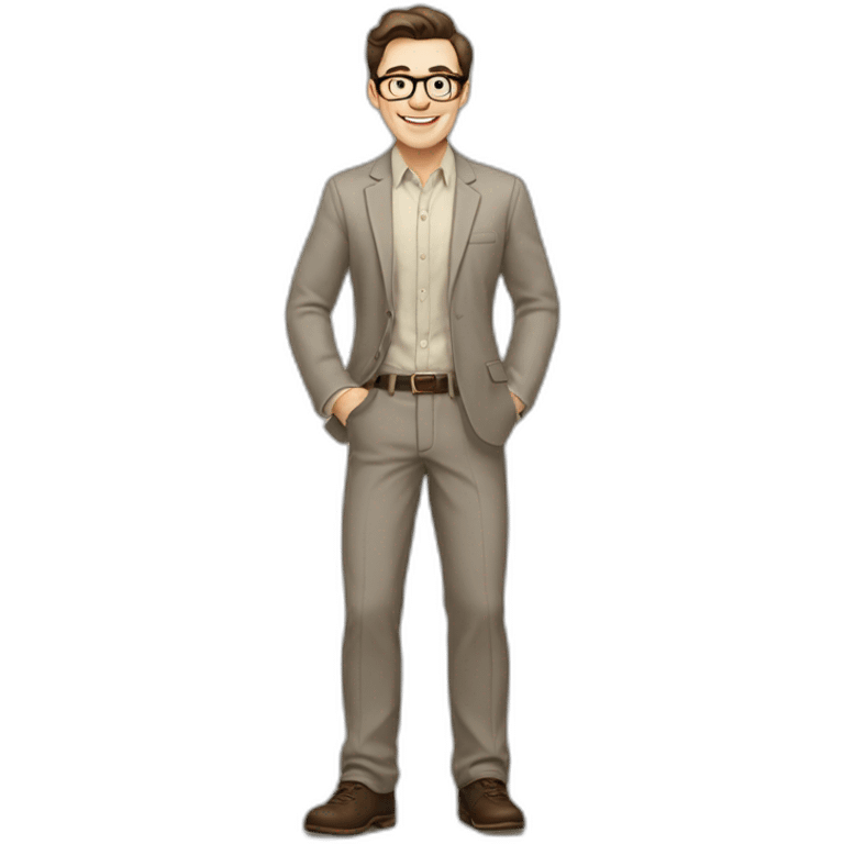 Joyful Full height Pale skinned Fit Man With dark brown hair in gray jacket, beige office shirt, Brown pants and vintage glasses. His thrumbs up emoji