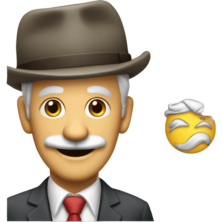 White old guy with a mustasch and an an old ugly suit, big smile and a cap with an oil company logo emoji