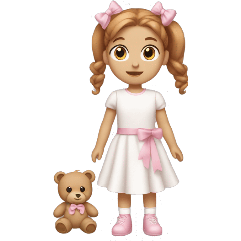 Little Girl with White skin, blue eyes. Light brown and red hair in two ponytails, with light pink bows.  She is wearing a light pink and White dress, standing and holding a teddybear with a pink bow. emoji