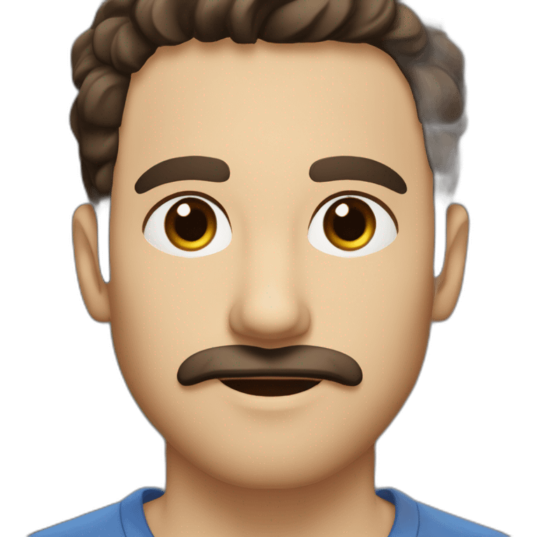 A young Caucasian man with dark brown, almond-shaped eyes, short dark brown hair, and a small dark brown beard with a more prominent mustache. emoji