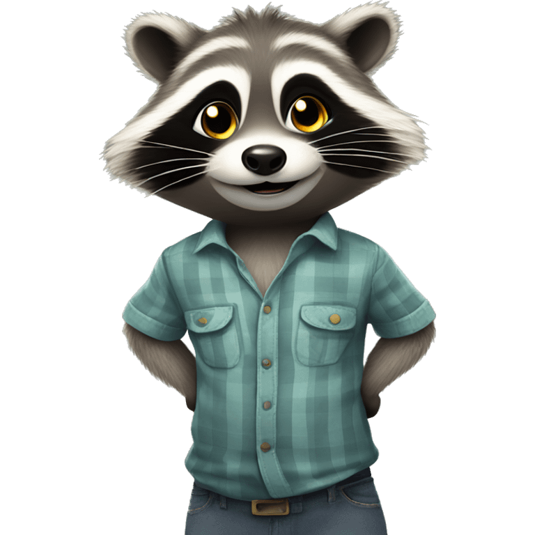 Happy Racoon in a shirt stands in full growth, stares up and thinks about difficult question emoji