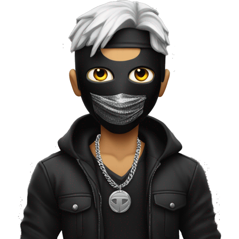 guy with black mask and sniper gun silver chain with on neck all black outfit emoji