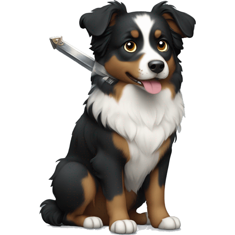 Small black australian shepherd dog with a sword emoji