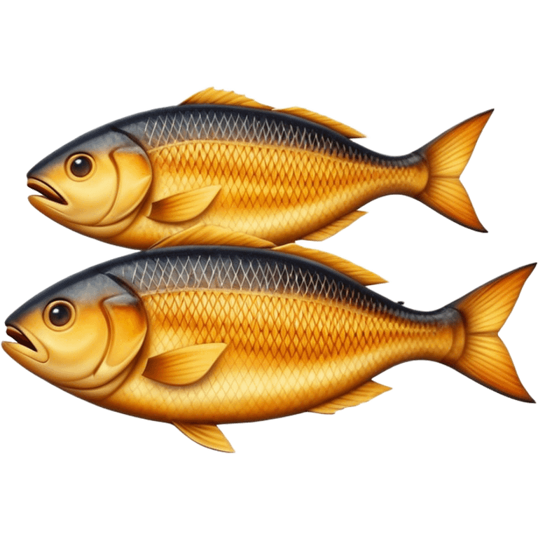 Gradele Cinematic Realistic Gradele Dish Emoji, depicted as 2 perfectly grilled fish with prominent grill marks and a smoky finish, rendered with vivid textures and dynamic, natural lighting. emoji