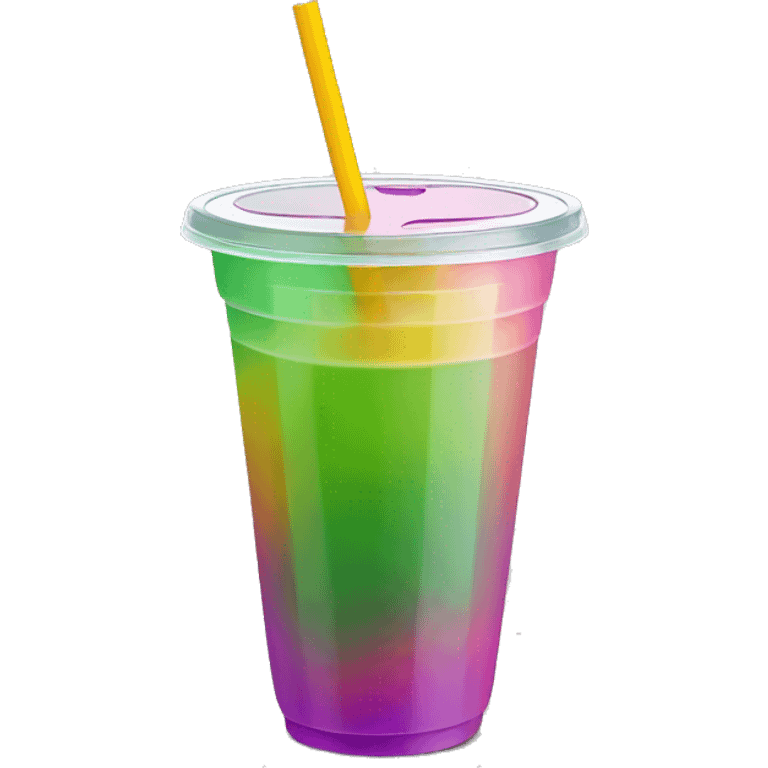 Realistic plastic domed lid cup with one colorful straw and juice with ice inside of the cup. emoji