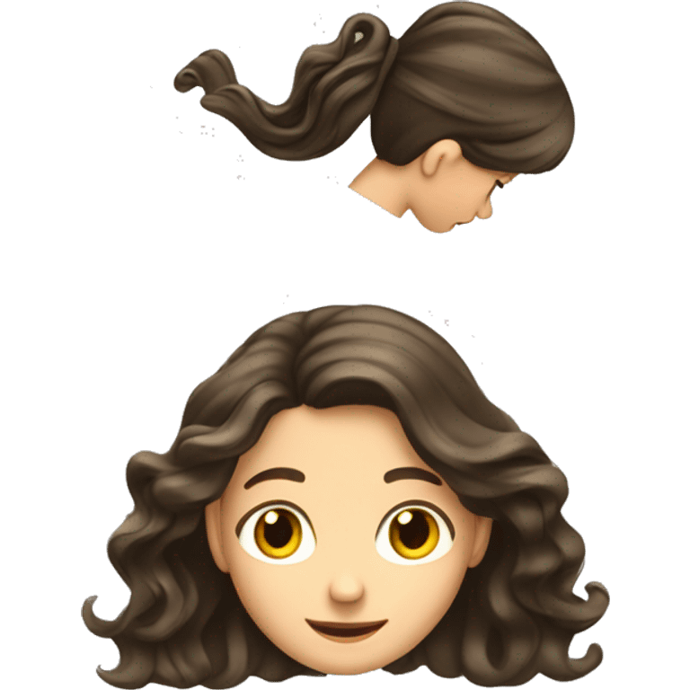 Brunette 6th grade girl with long wavy hair doing hair flip emoji