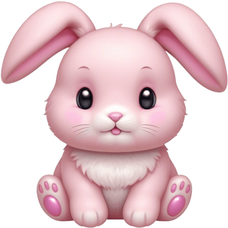 Cinematic adorable pastel pink bunny, chubby cheeks, tiny paws, sparkling round eyes, soft fur with a gentle glow, slightly tilted head, wearing a tiny bow, irresistibly cute and heartwarming. emoji