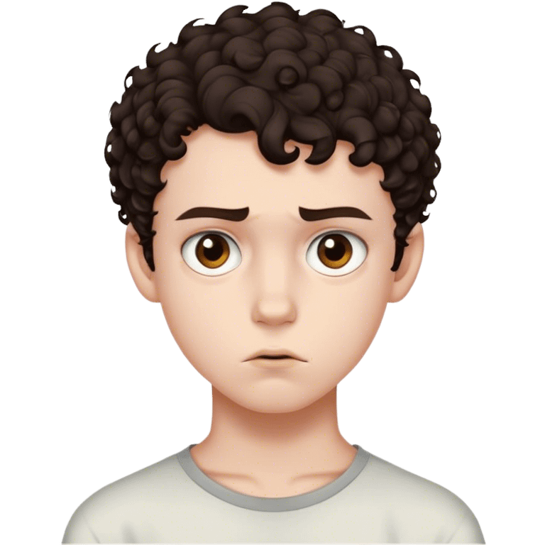 Teenage boy who has short dark brown curly hair with shaved sides, brown eyes, pale-ish skin, and has an unamused expression emoji