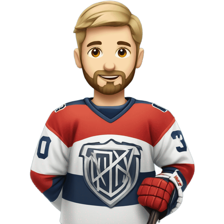 boy with beard and hockey jersey holding trophy emoji