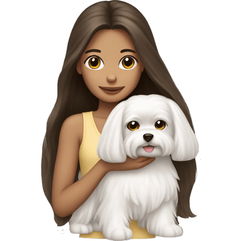 Brunette girl long hair holding a white  Maltese dog emoji