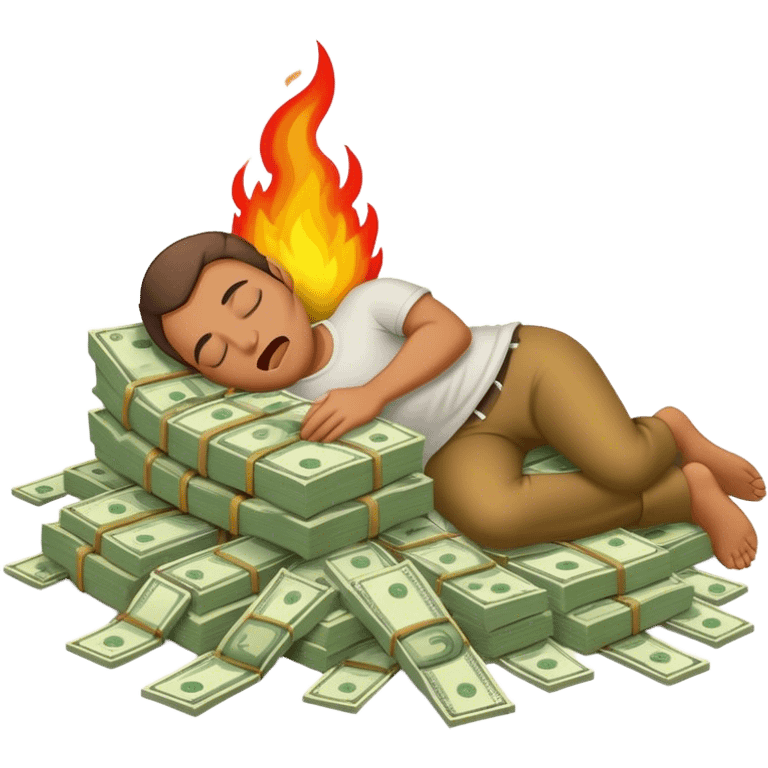 Man sleeping on bed of money with fire in his mouth  emoji