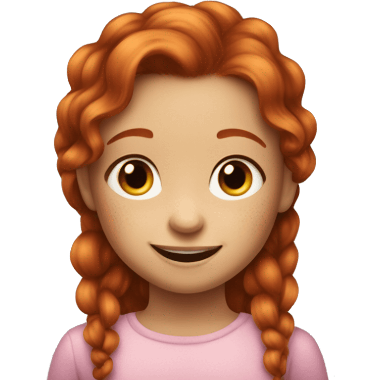 Create a happy 5year old girl with medium length red hair, a few freckles, who is a little mischevious emoji