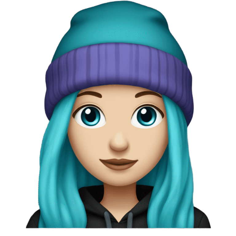 White girl, blue eyes, long teal hair, purple beanie hat, black hoodie, blue jeans, black shoes emoji