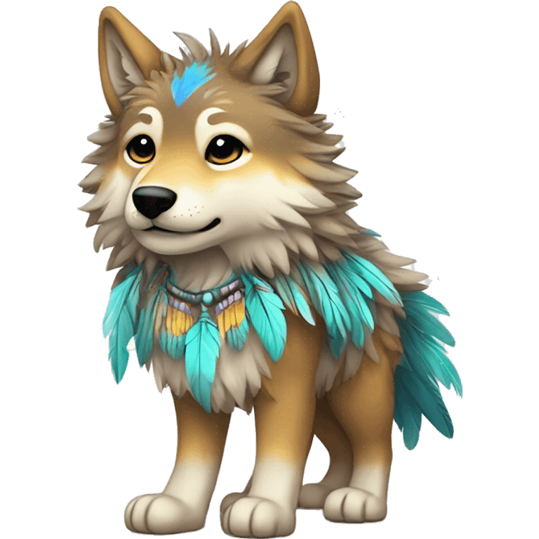 Fluffy Shy Colorful Chibi Spiritual Shamanic Wolf With Shiny Tribal Markings wearing feathers Full Body emoji