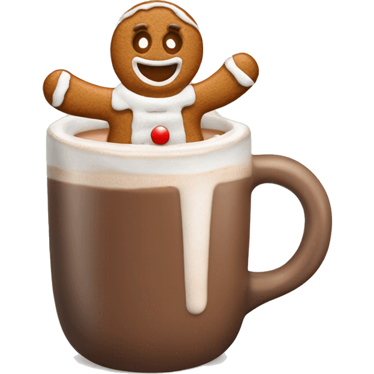 gingerbread man in a mug of hot chocolate wearing a santa hat emoji