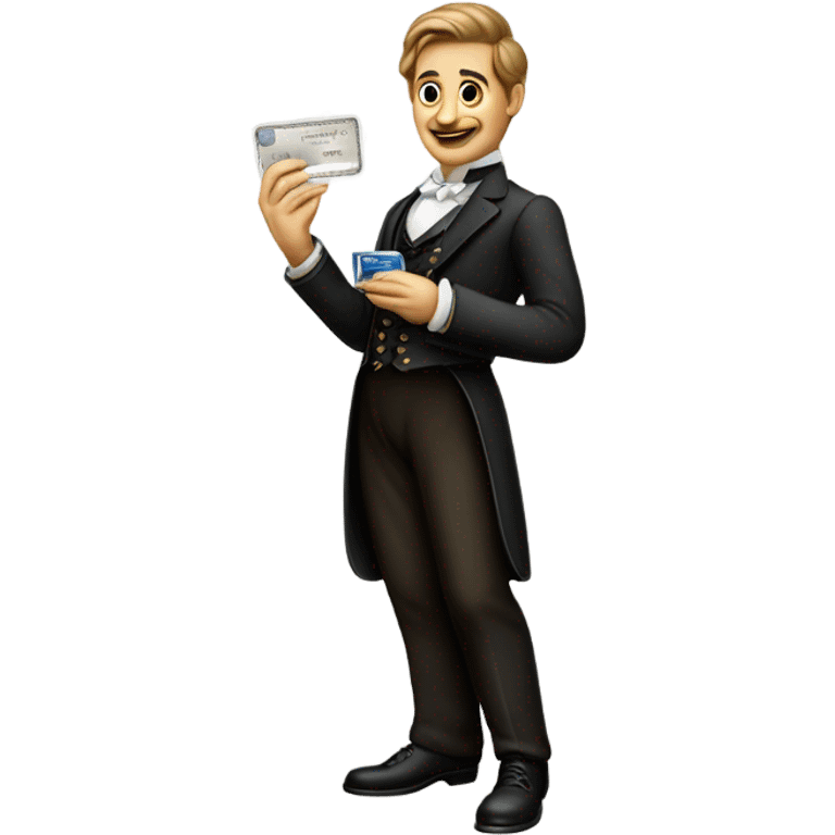 galora waiter Victorian dress elegant full body, holding big credit card emoji