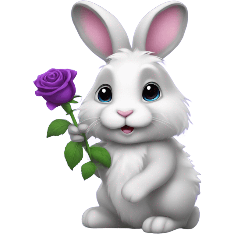 Fluffy Gray and white bunny holding a purple rose emoji