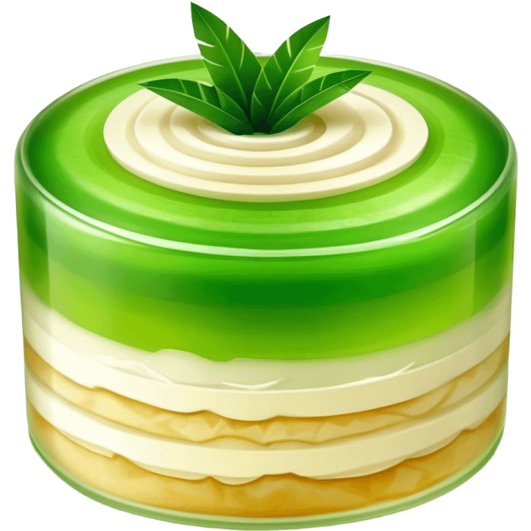 Coconut Pandan Jelly Cinematic Realistic Coconut Pandan Jelly Dessert Emoji, depicted as a layered jelly with distinct strata of coconut and pandan flavors, rendered with delicate textures and vibrant, tropical lighting. emoji