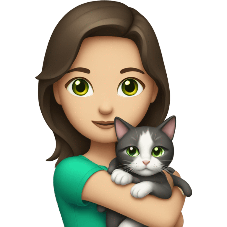 A brunette girl with green eyes holds a cat with blue eyes in her arms emoji