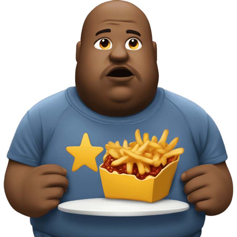 fat man in dirty blue sweatsuit with chili cheese fries in his mouth emoji