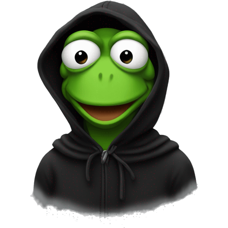 Kermit the frog wearing a black hood emoji