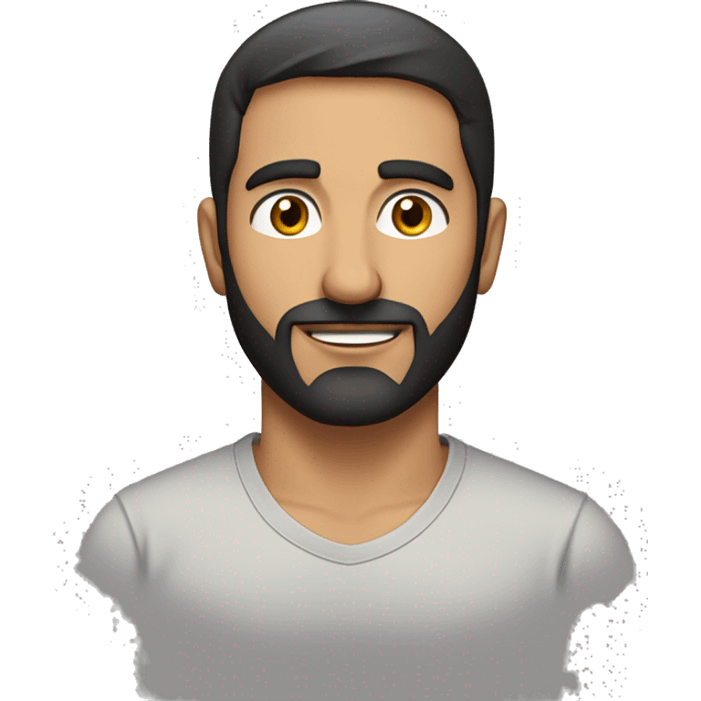 A head and shoulders shot of a 37 year old Middle Eastern man, with short black hair, with beard facial hair,   with brown eyes wearing a t-shirt. emoji