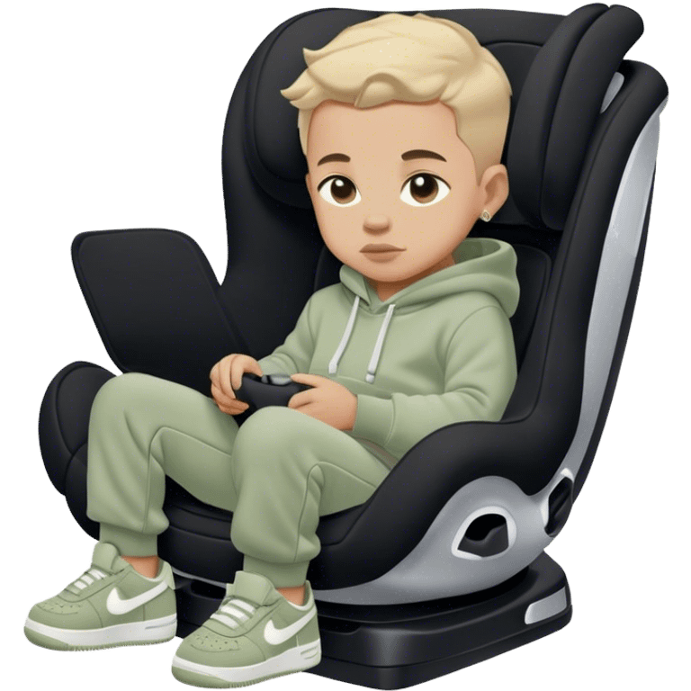 Boy in black toddler car seat. Wearing sage colord sweatpants and sage colored hoodie. And white and black Nike airforce shoes  emoji