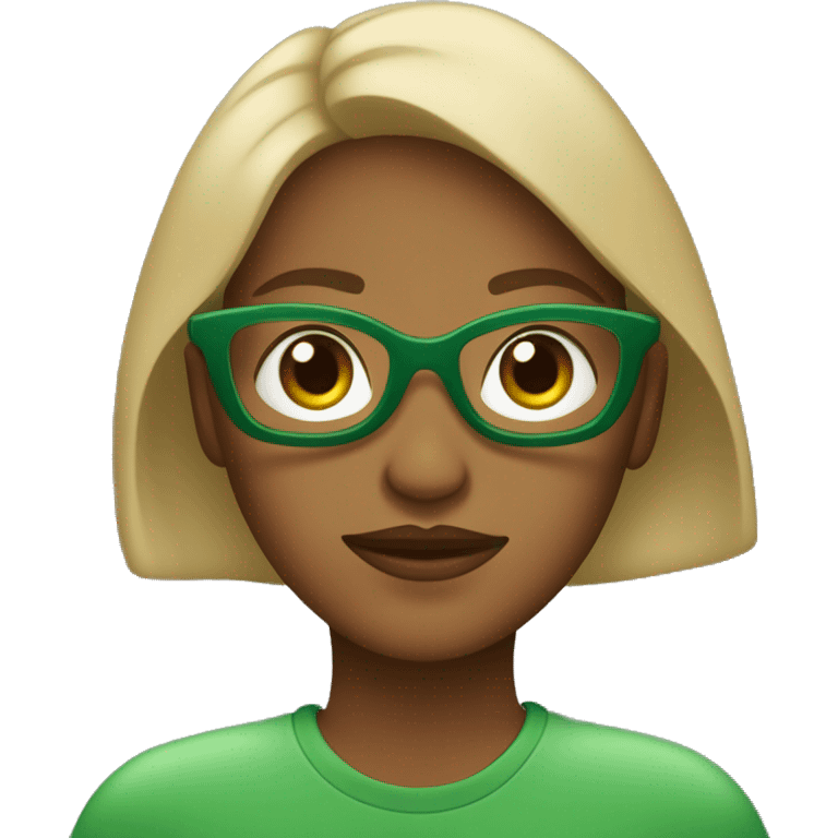 Una mujer de pelocastaño oscuro y ojos cafes con una playera verde con un texto que diga Eli emoji