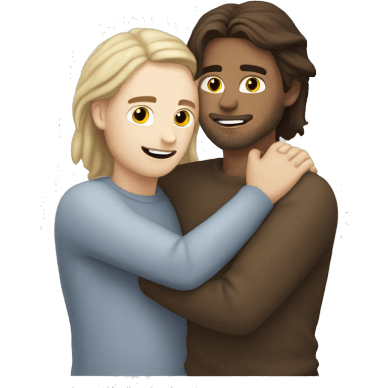 My white-skinned, brown-eyed guy hugs me a white-skinned guy with medium-long hair emoji