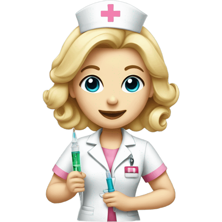 A blonde nurse with a pink bow in her hair and a syringe  emoji