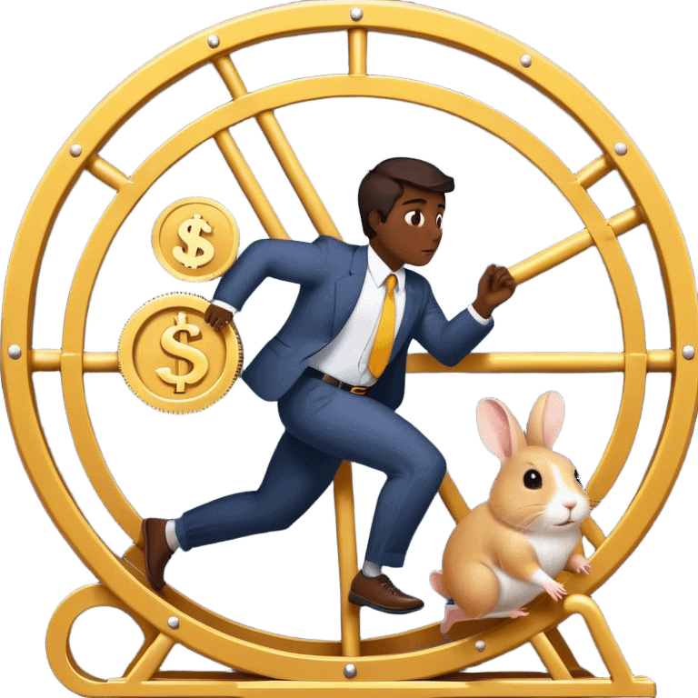 Create an emoji of a tired, overworked entrepreneur running on a hamster wheel while chasing a small, golden rabbit holding a dollar sign. The entrepreneur has dark circles under their eyes, looks exhausted, and is sweating from constant chasing. The hamster wheel represents the endless struggle, while the rabbit symbolizes unattainable financial success. The style should be simple, expressive, and easily recognizable as an emoji
 emoji