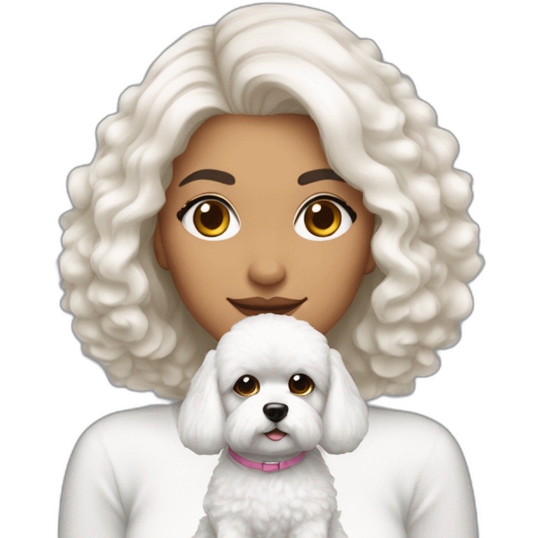 mujer piel blanca pelo negro con peinado de moño y perro bichon maltés blanco emoji