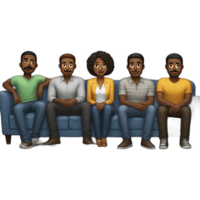 five black mens stand behind the sofa and one white woman sit on sofa emoji