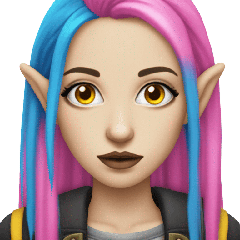 Blue eyed long eye lashes pout blonde and pink hair pale hime gyaru girl, hot pink and yellow split-dyed hair, nose ring, elf ears, dark makeup, punk clothes emoji