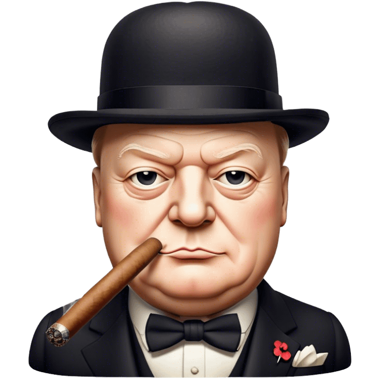 Cinematic Realistic Winston Churchill Portrait Emoji, depicted as a resolute British statesman with a signature bowler hat and a cigar, exuding determined leadership and wartime valor, rendered with lifelike textures and dramatic vintage lighting that captures his iconic British spirit. emoji