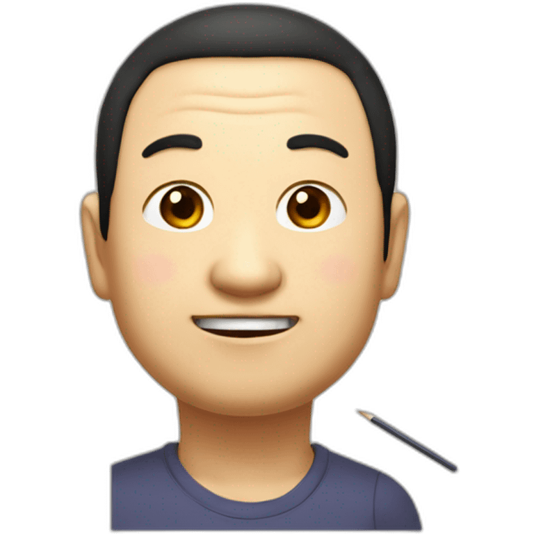 Japanese uncle with a fat round face, slightly droopy eyes and eyebrows, thick lips, large head, dark brown hair, smiling with a pencil emoji