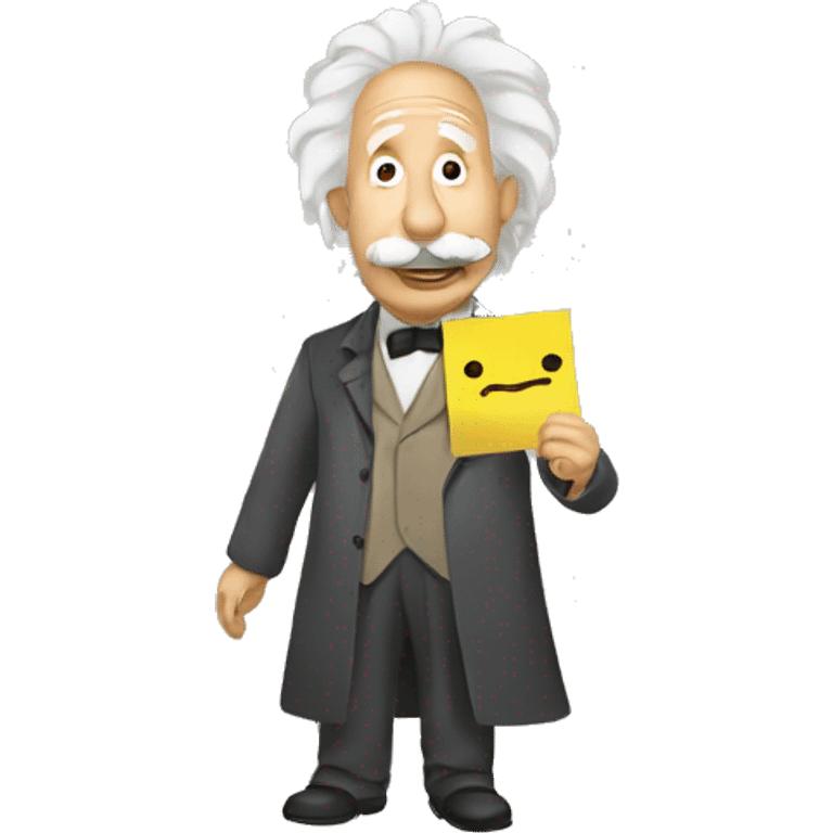 happy albert einstein holding Sticky Note with "New" Written on It in one hand emoji