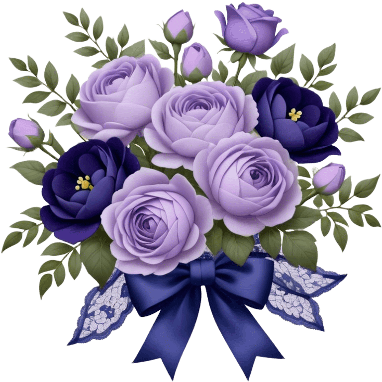 A hand-tied bouquet of soft lilac roses, pale violet peonies, and deep indigo pansies, bound with layers of vintage lace and a faded purple silk bow, rests upon a carved wooden vanity, beside an antique silver heart-shaped mirror reflecting the timeless beauty of love’s gentle touch. emoji