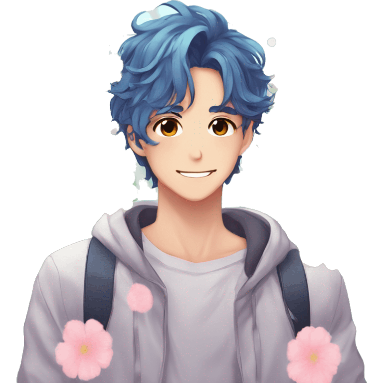 Gorgeous bright sparkly romantic anime style guy with blushing face and flowers aesthetic trending style outside emoji