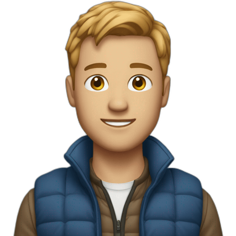 Finance bro with light brown short flow hair and puffer vest over blue shirt emoji